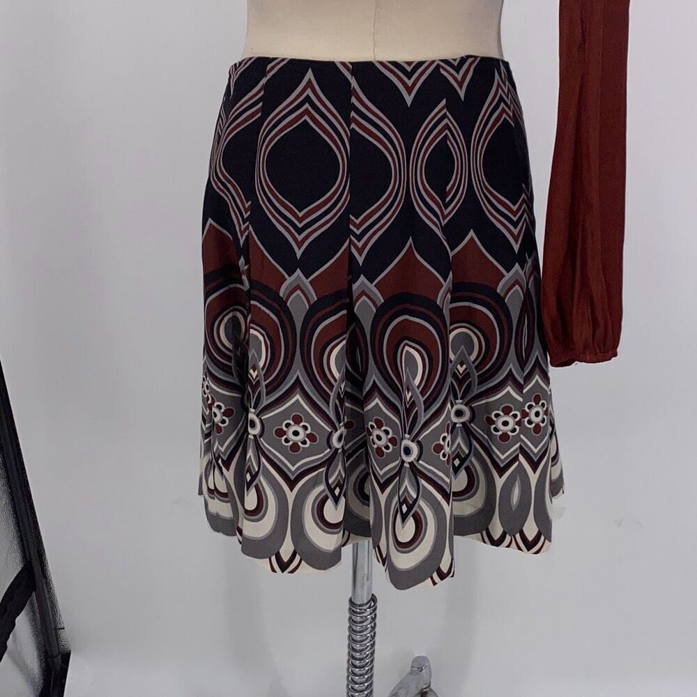 Tibi Silk Pleated Knee length Skirt Printed Black Cream Rust Size 4 - Picture 4 of 10